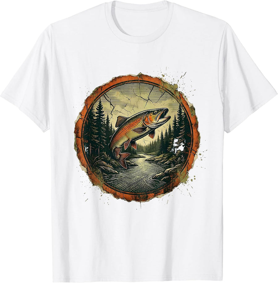 Men's Trout Stream Pine Forest Fly Fishing Illustration T-Shirt - White