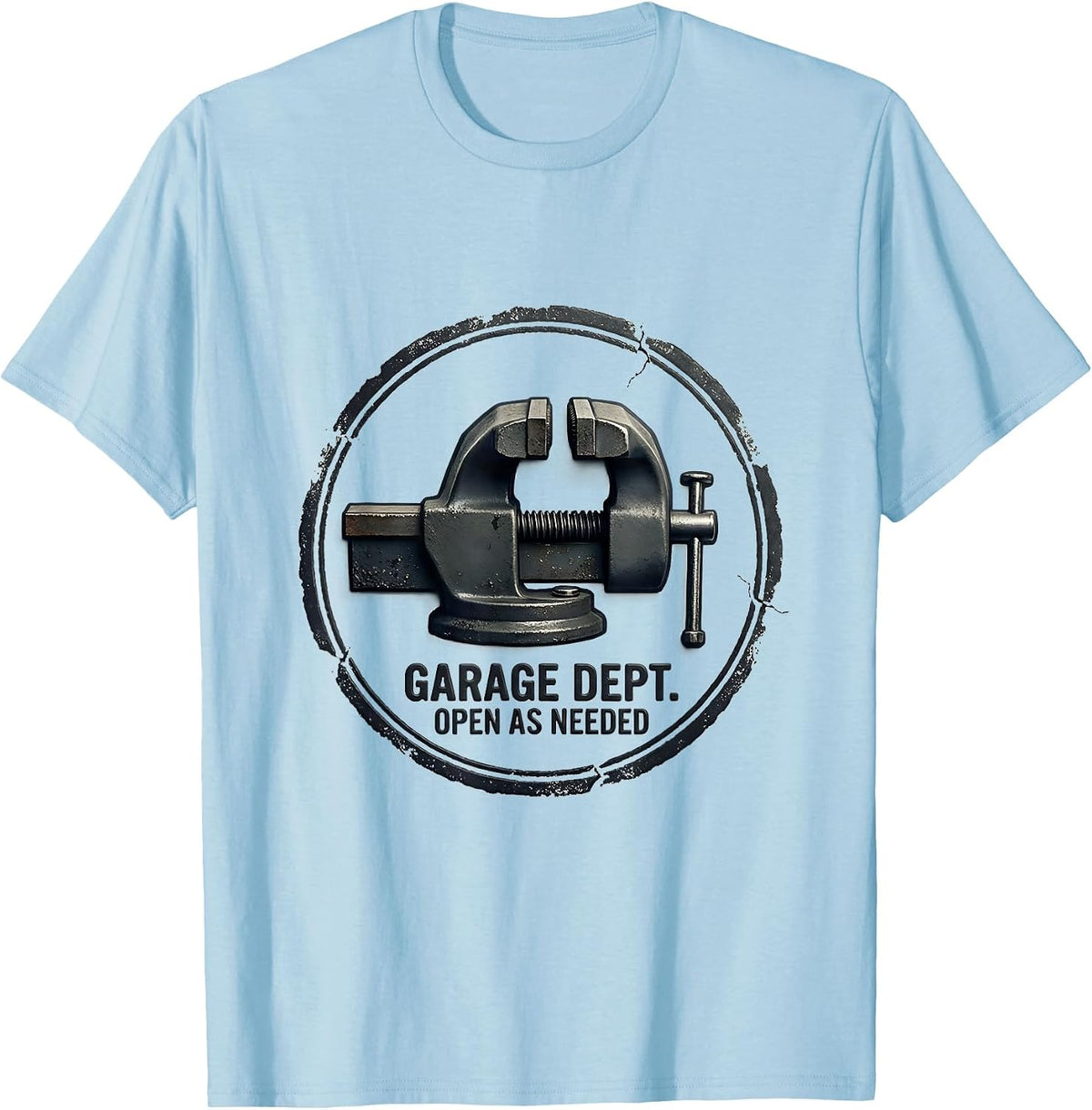 Men's Garage Dept. Open As Needed Rubber Stamp Dad Joke Mechanic T-Shirt - Baby Blue