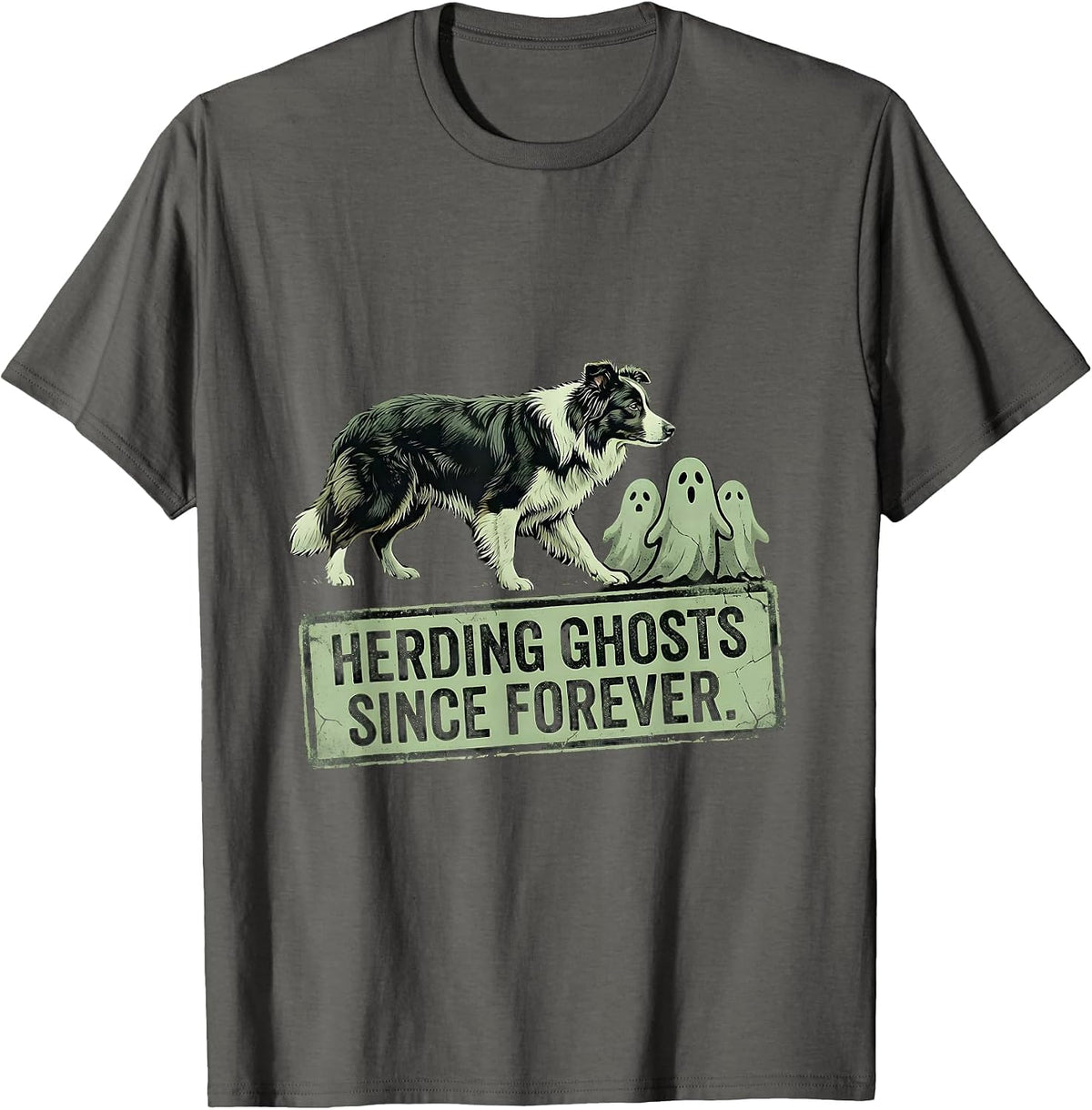 Men's Halloween Border Collie Herding Ghosts Design T-Shirt - Asphalt Grey