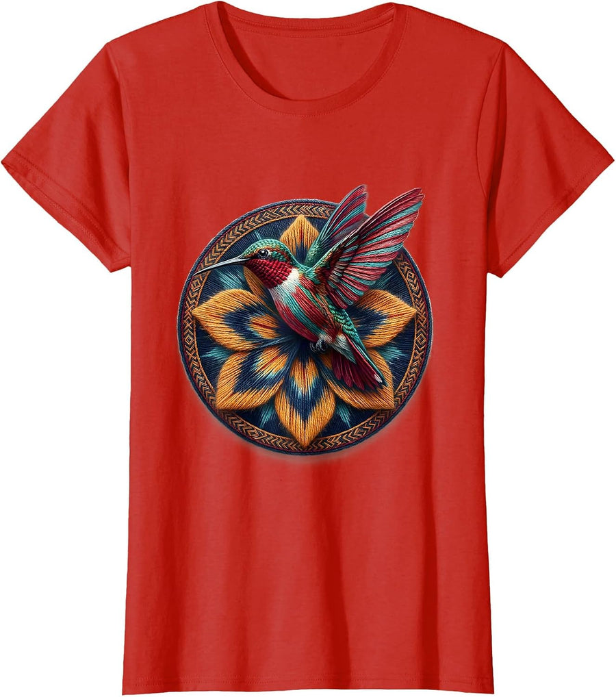 Women's Hummingbird Tie Dye Flower Bloom Graphic T-Shirt - Red
