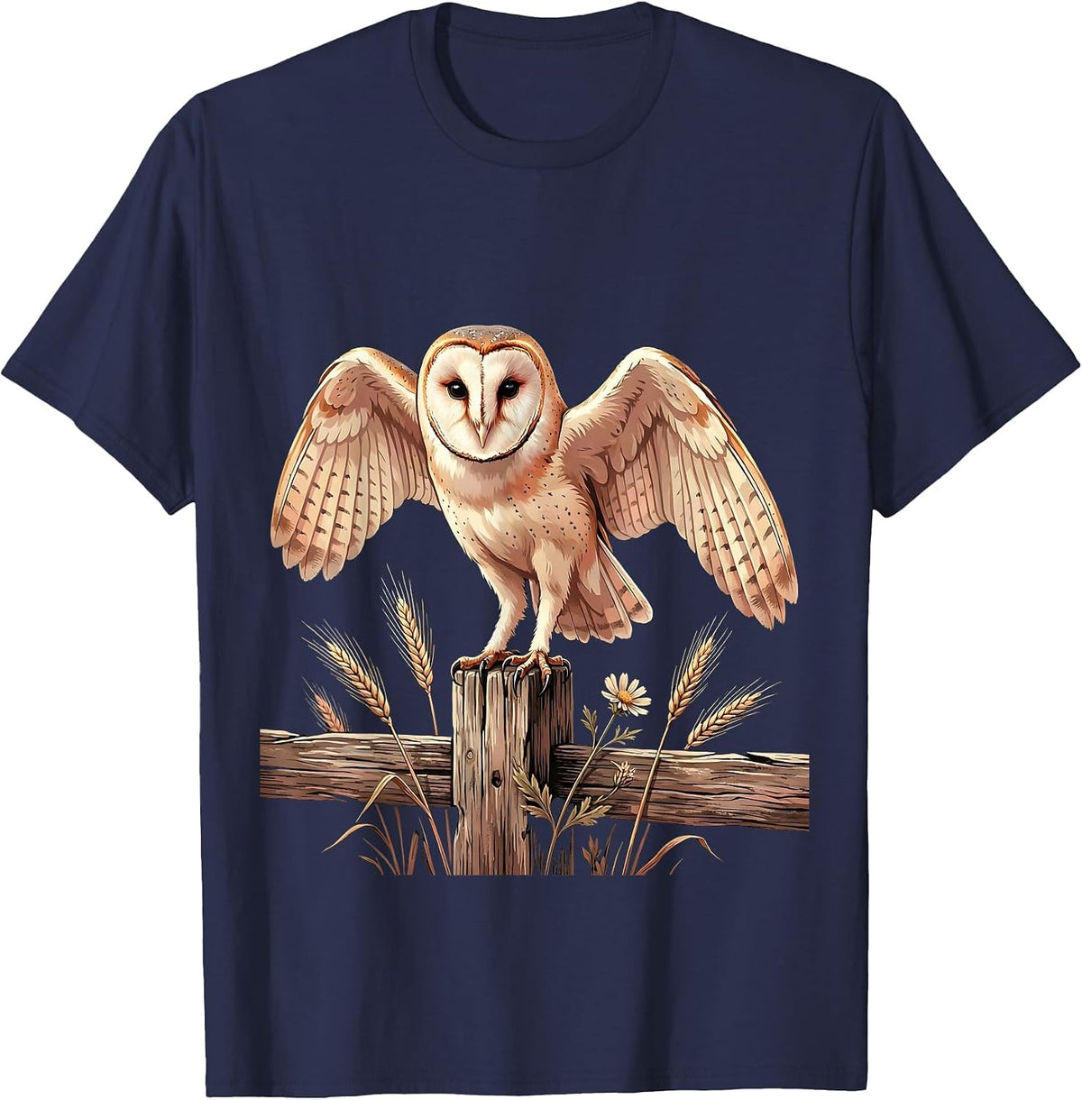 Men's Barn Owl Perched on Fence Post Illustration T-Shirt - Navy Blue