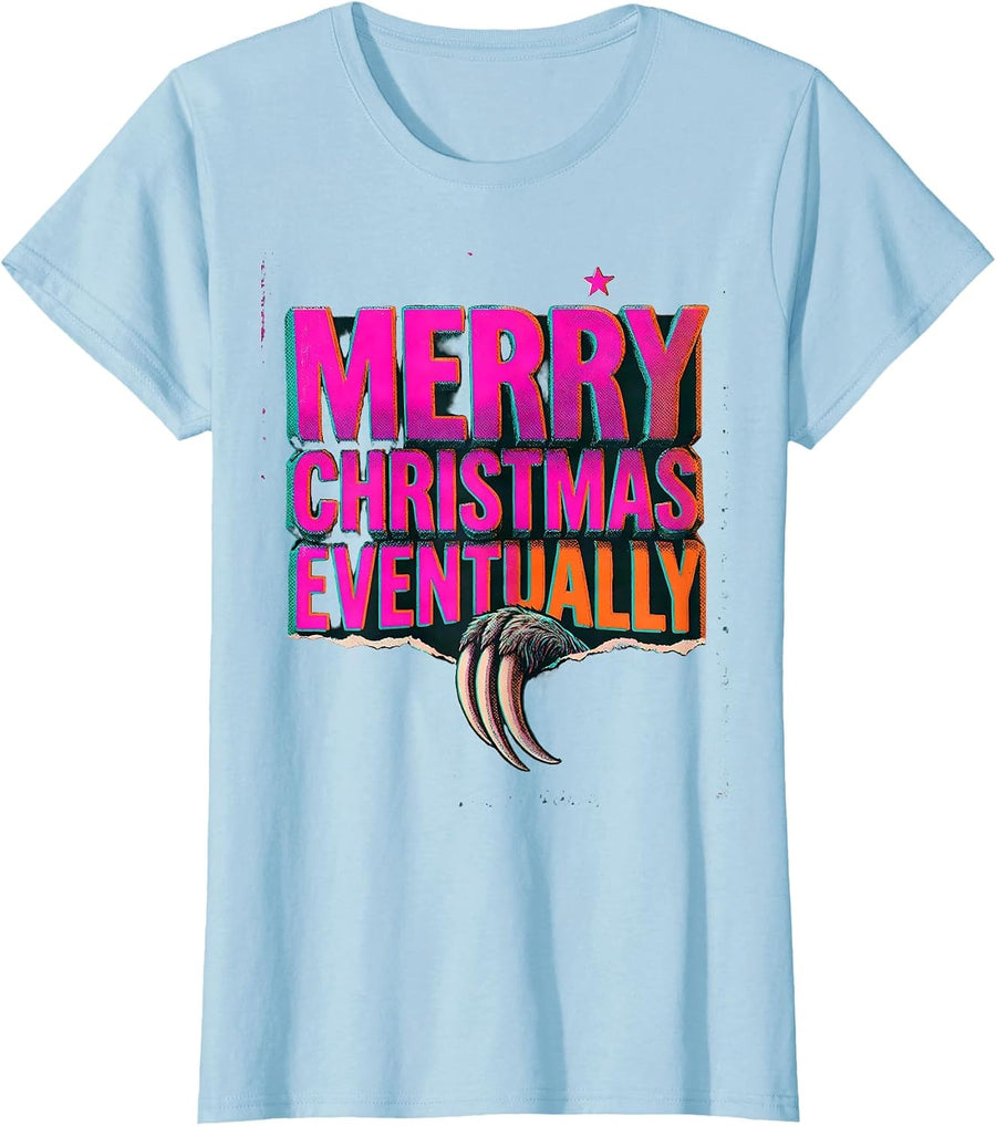 Women's Merry Christmas, Eventually Risograph Sloth Lover Holiday T-Shirt - Baby Blue