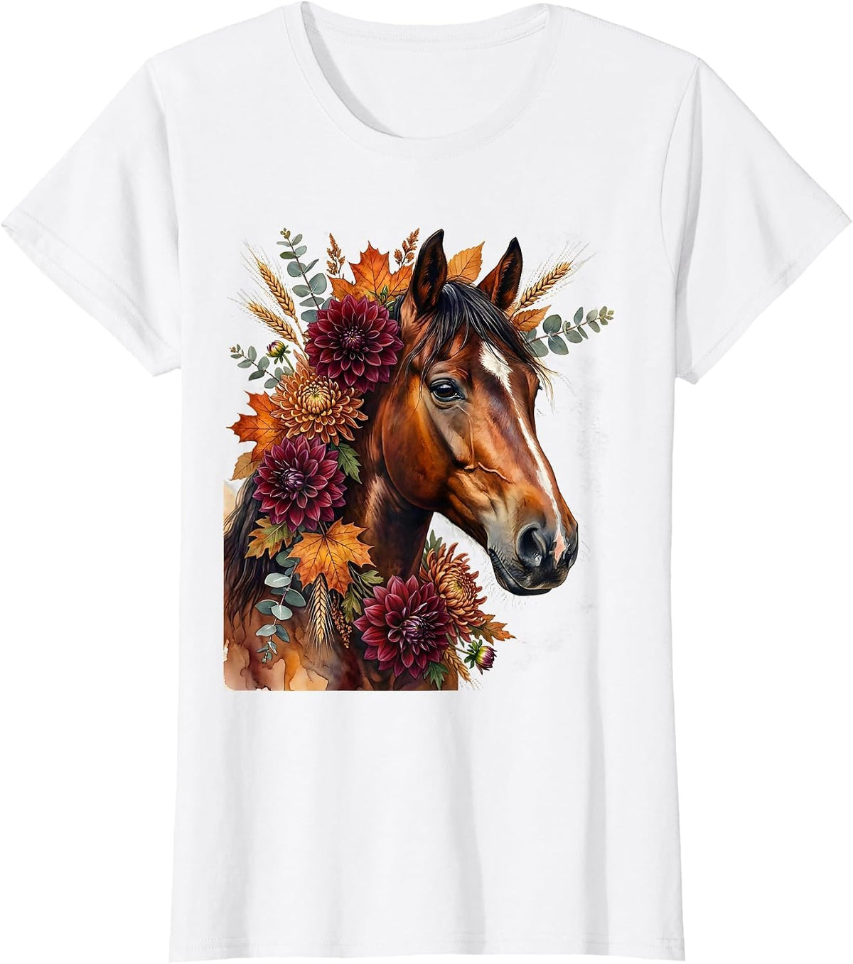 Women's Horse Portrait Fall Floral Derby Botanical Art T-Shirt - White