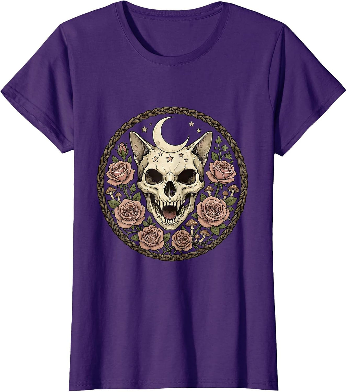 Women's Snarling Cat Skull With Roses Gothic Art T-Shirt - Purple