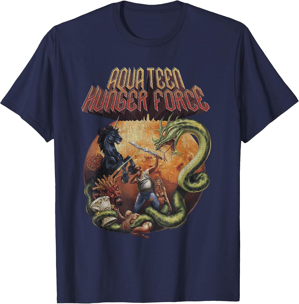 ATHF Vintage Heavy Metal Fantasy Scene with Cast Cartoon T-Shirt - Navy Blue