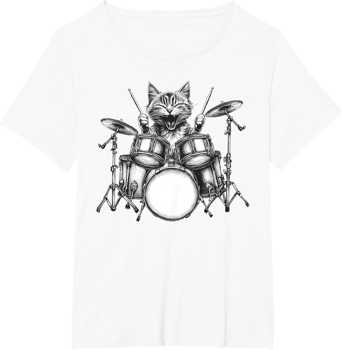 Cat Playing Drum Percussionist Drummer Rock & Roll Music T-Shirt - White