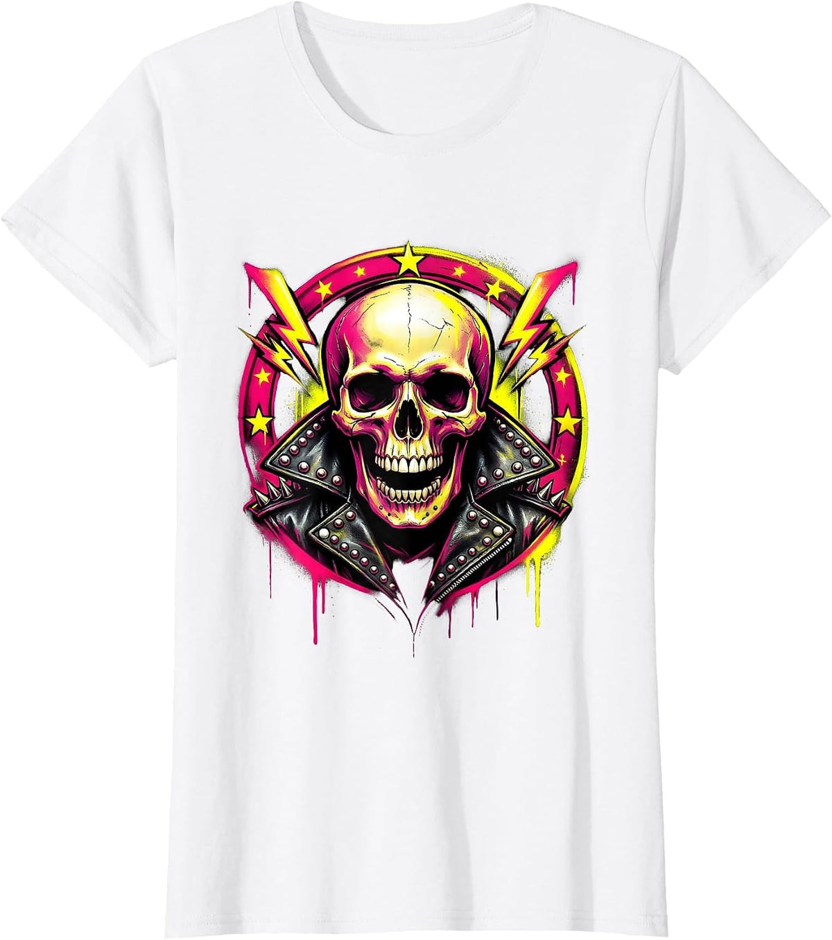 80s Rock Skull Studded Leather Jacket Graphic T-Shirt - White