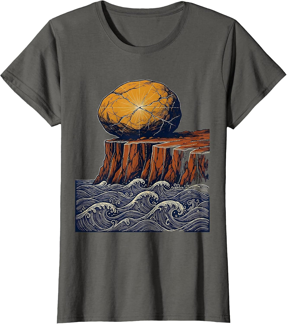 Women's Boulder on Cliff Edge Over Crashing Sea T-Shirt - Asphalt Grey