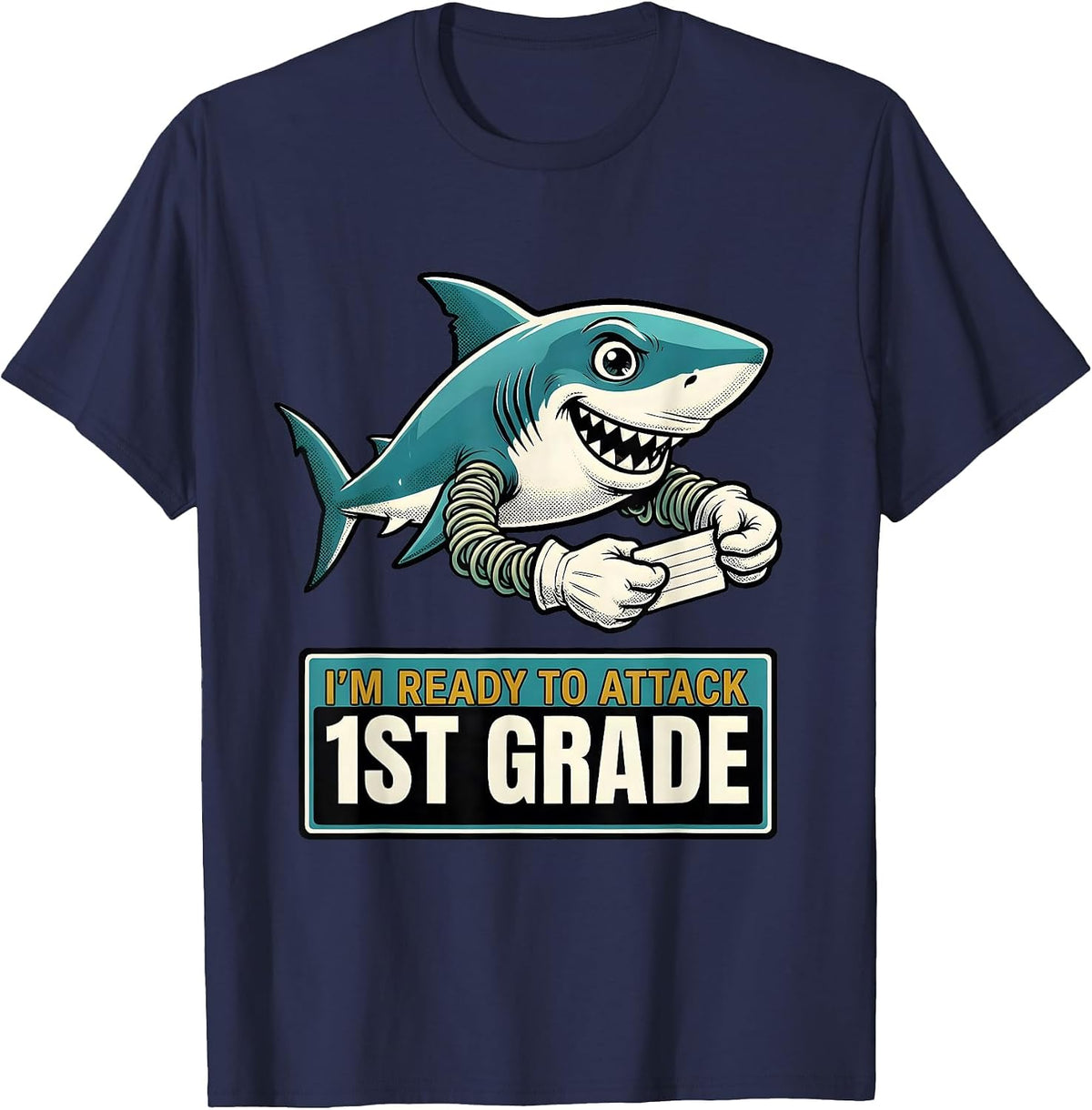 I'm Ready To Attack 1st Grade Retro Cartoon Shark First Day T-Shirt - Navy Blue