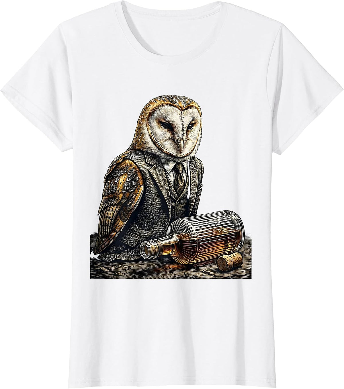 Whiskey Lover Sarcastic Owl in Suit Side-Eye T-Shirt - White