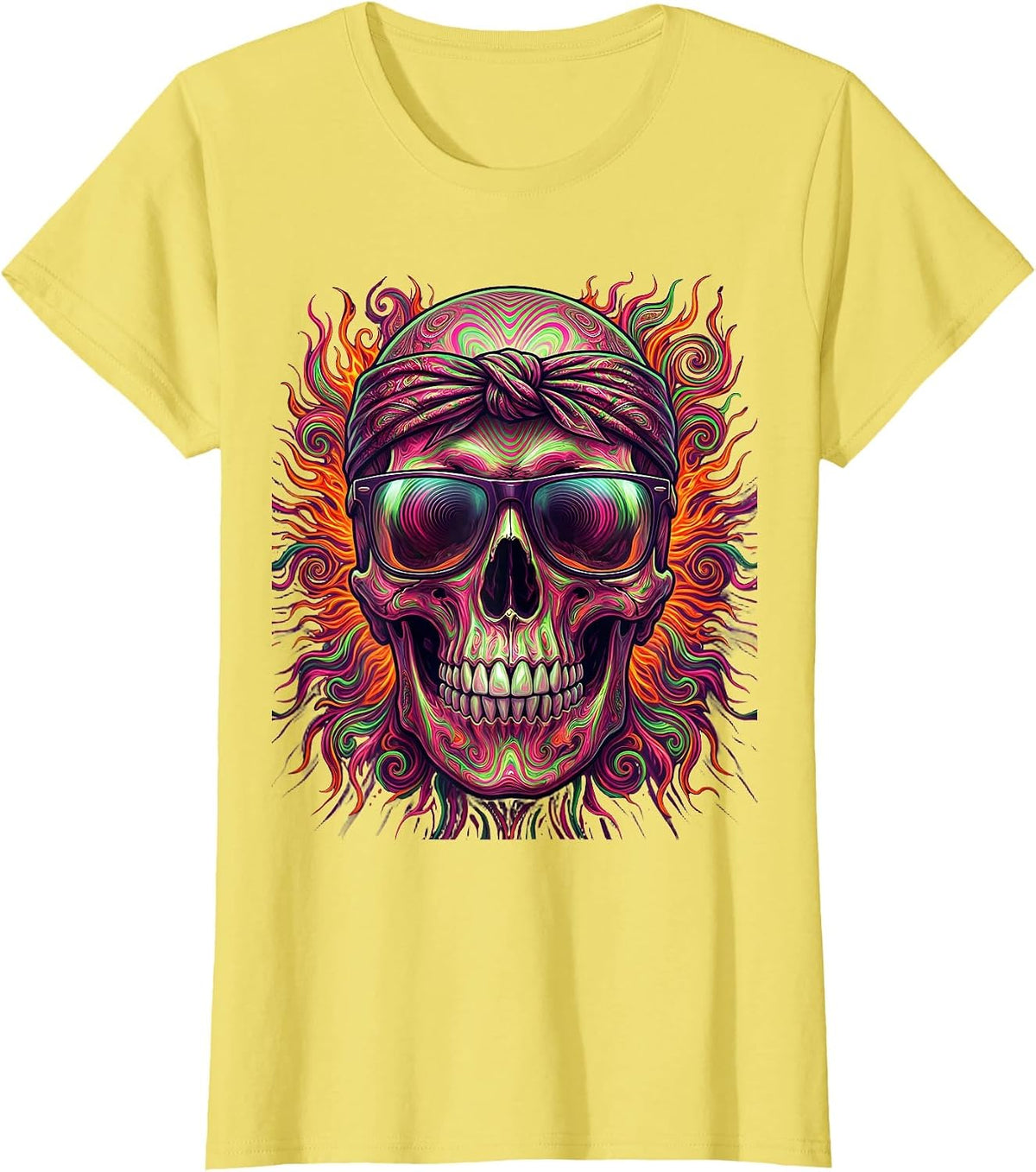 Vintage Rock Biker Skull Sunglasses Bandana Graphic T-Shirt - Lemon Yellow
