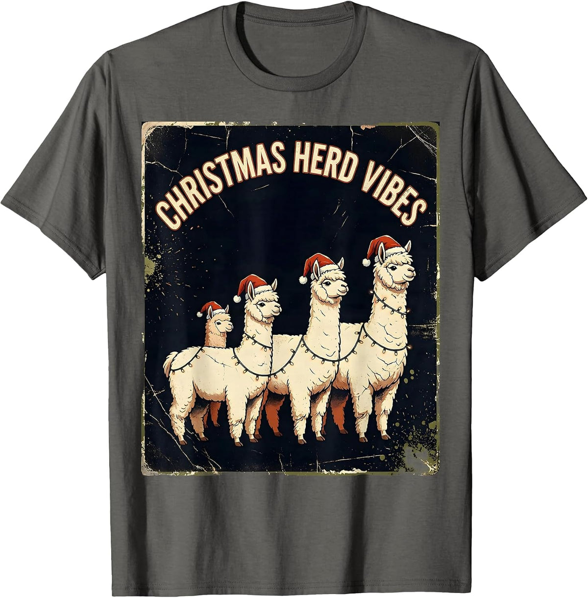 Men's Christmas Herd Vibes Distressed Funny Llama Lover Christmas T-Shirt - Asphalt Grey