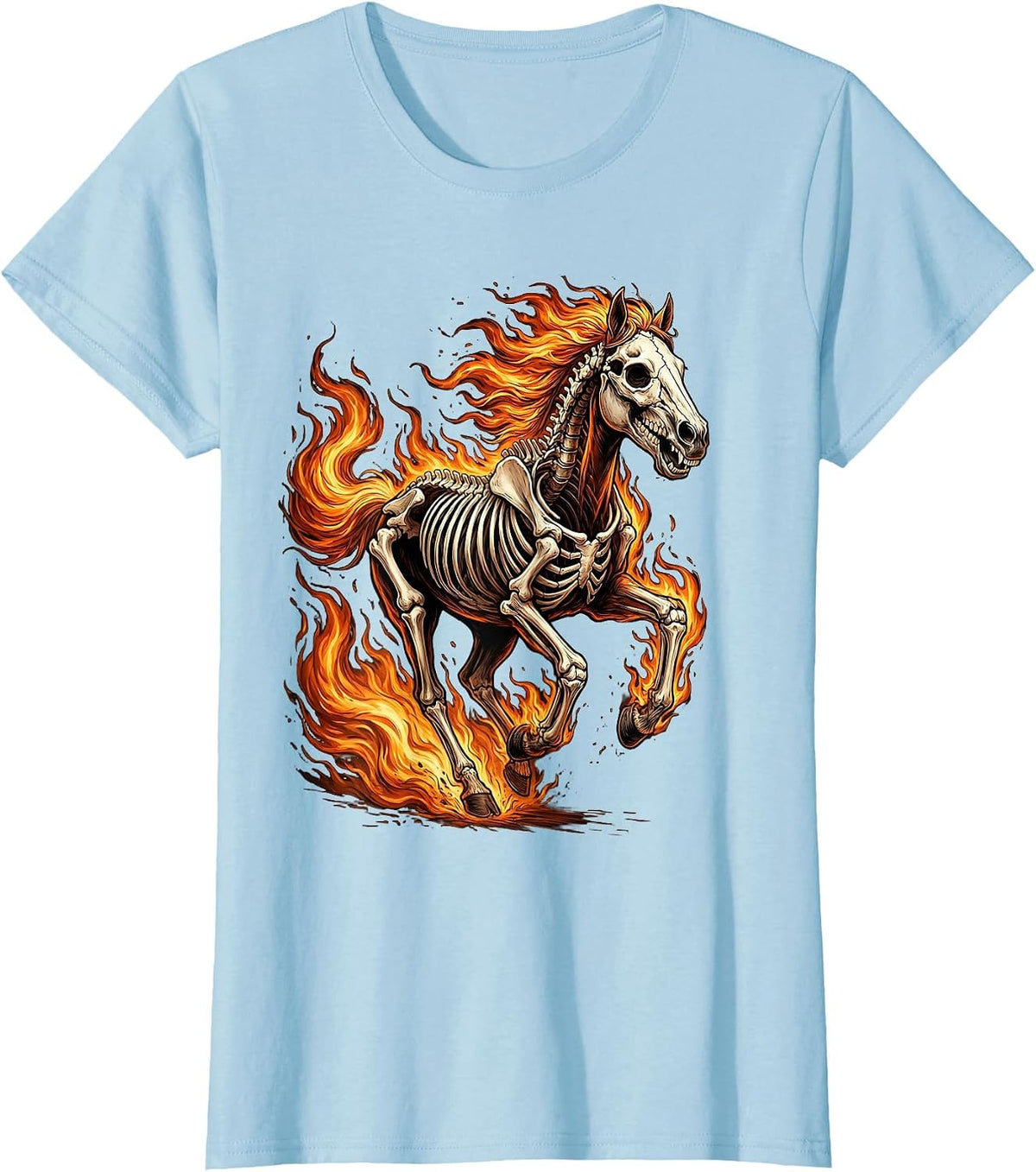 Skeleton Horse Galloping Through Flames T-Shirt - Baby Blue