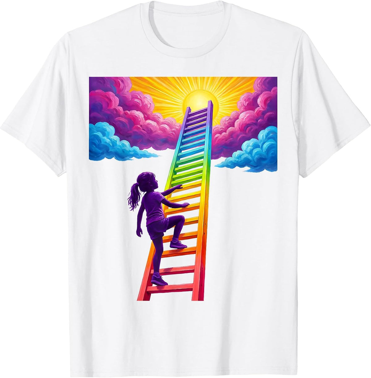 Girl Climbing Ladder to the Sky Illustration T-Shirt - White
