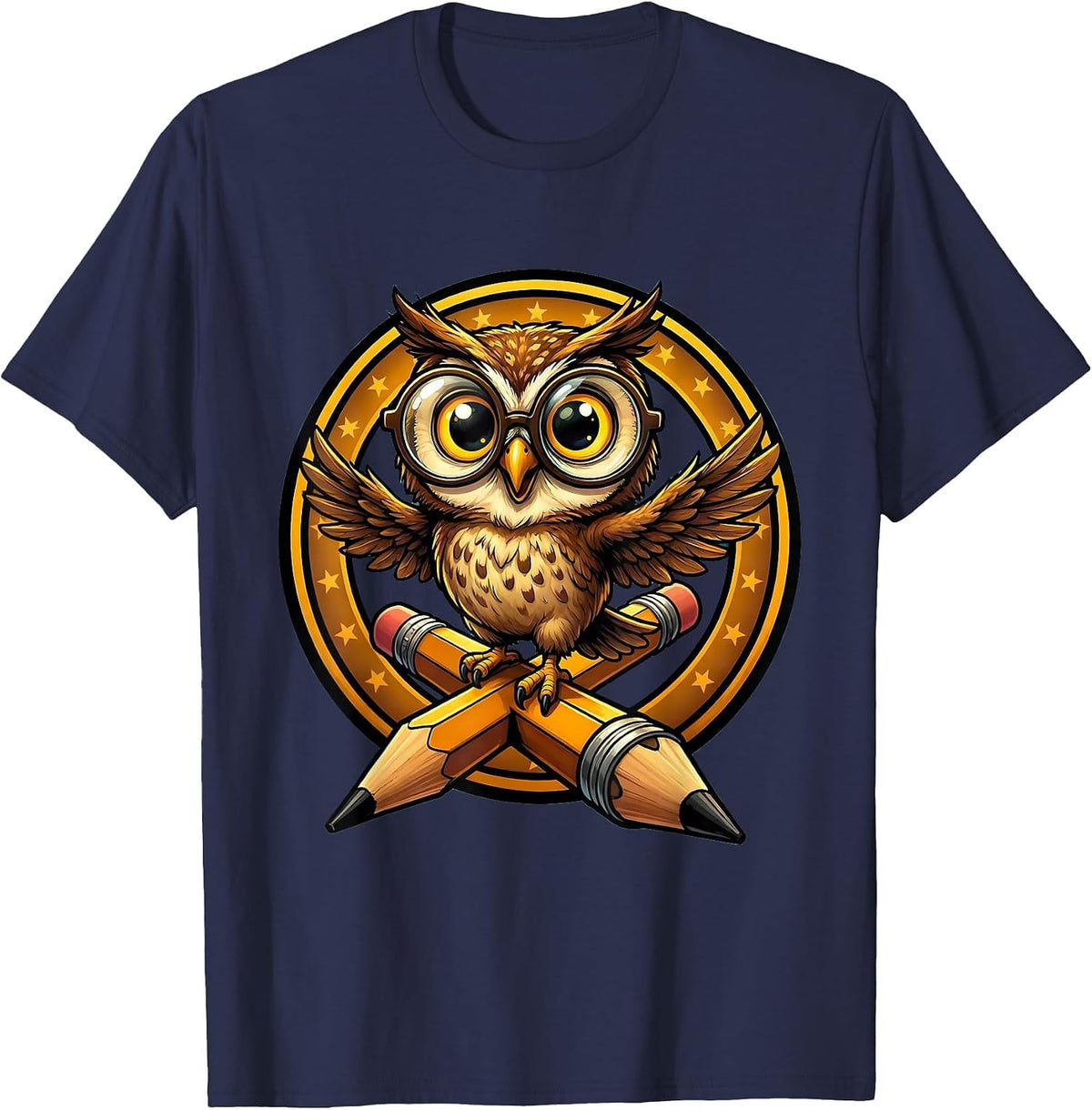Men's Sped Teacher Owl on Pencil Glasses Graphic T-Shirt - Navy Blue