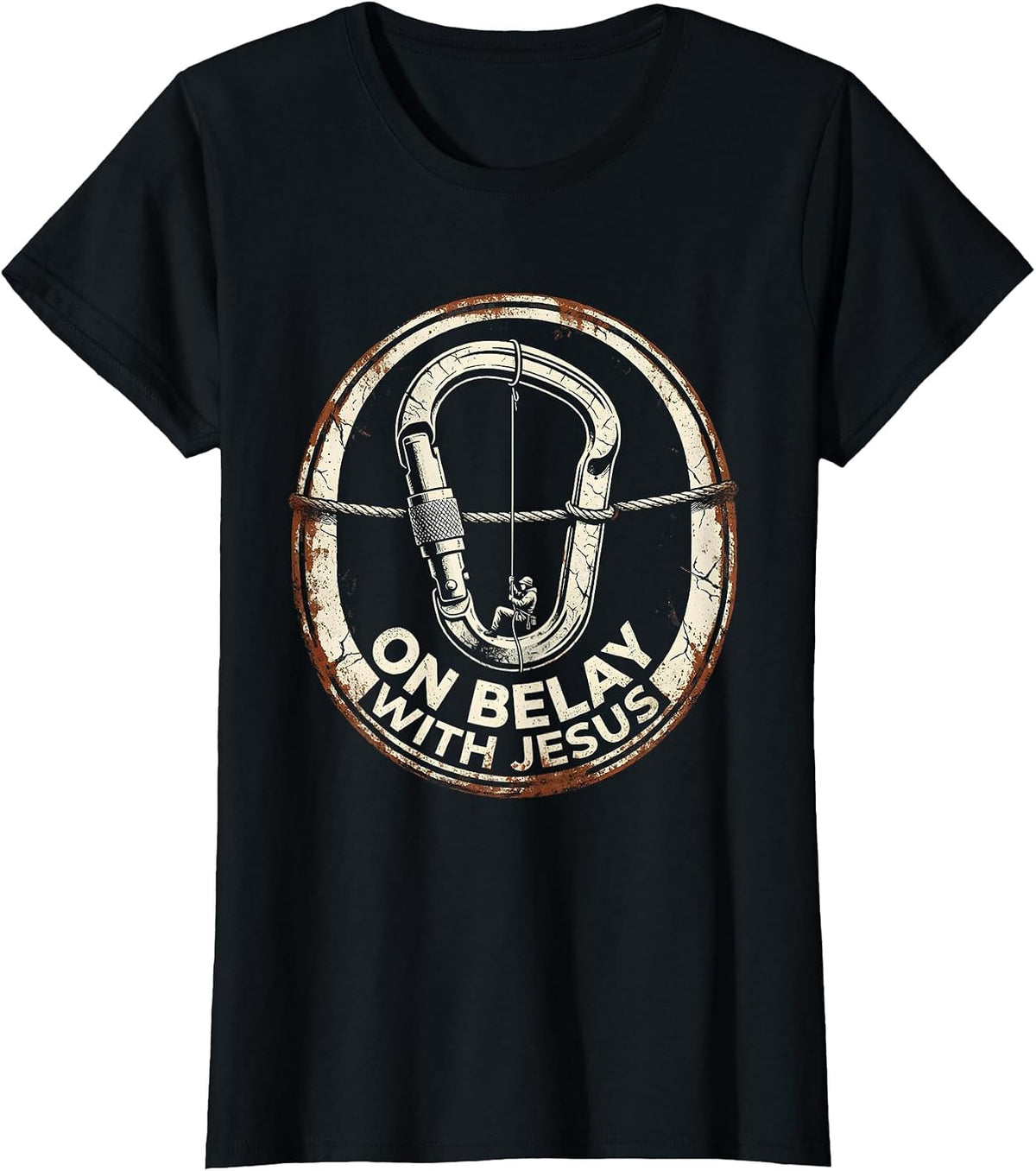 On Belay With Jesus Distressed Christian Climber Gift T-Shirt - Black