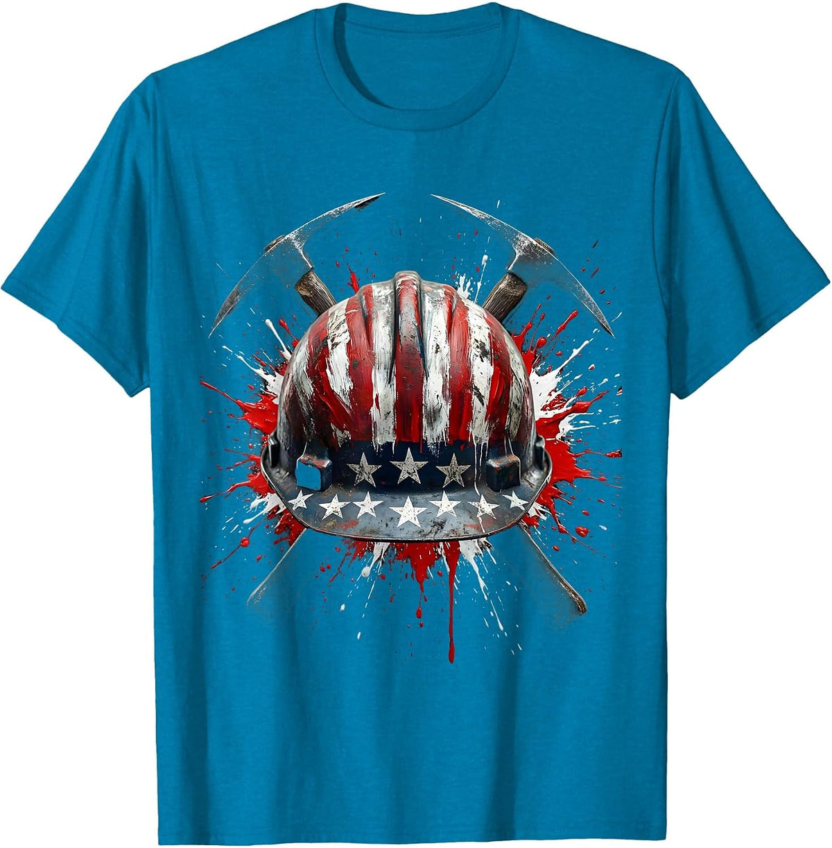 Miner Helmet and Pickaxe Crossed America Design T-Shirt - Sapphire Blue