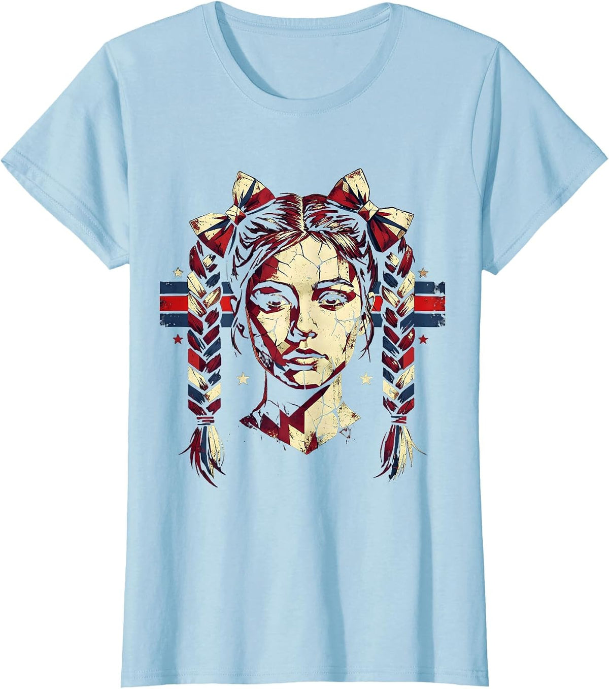 Patriotic Braids and Ribbon Bows Illustration T-Shirt - Baby Blue