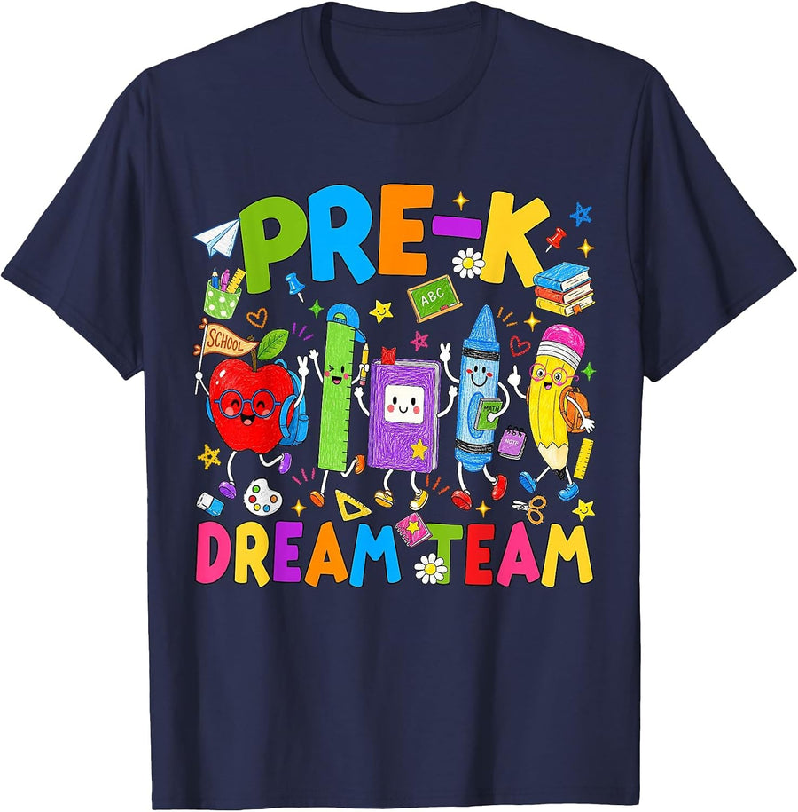 Pre-K Dream Team Preschool Back to School Teacher Kids T-Shirt - Navy Blue