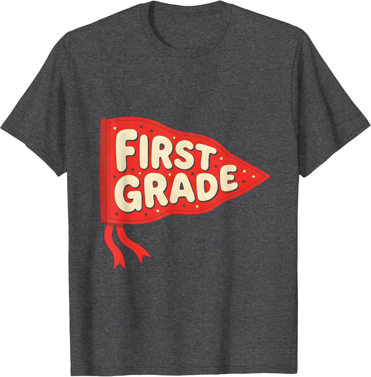 Men's First Grade Preppy Pennant Flag Back to School Teacher T-Shirt - Dark Heather Grey