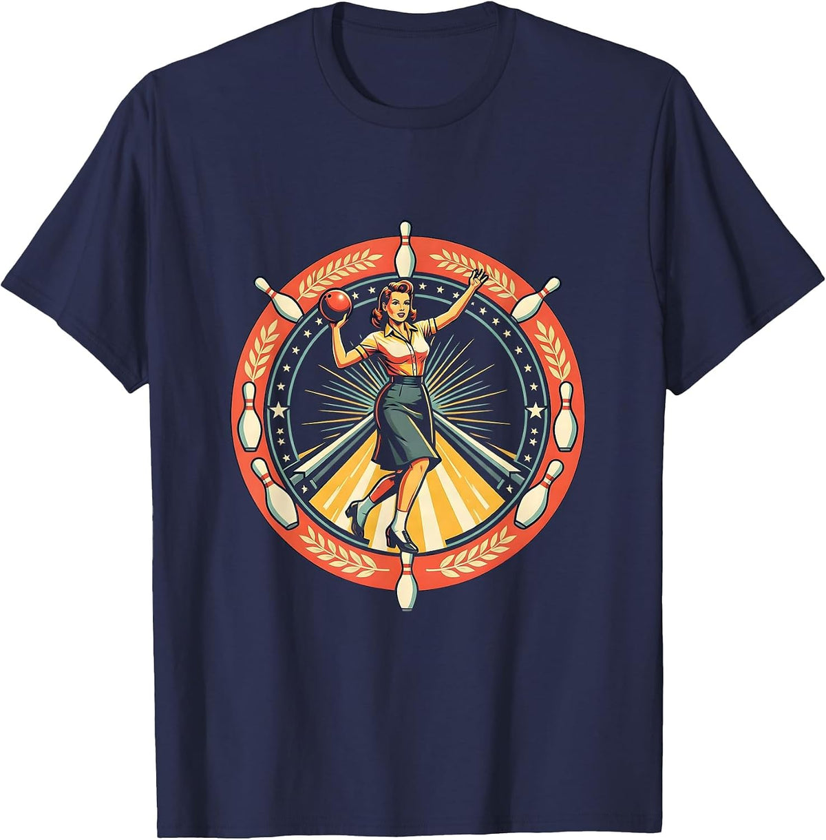 Vintage Pin-Up Bowler Retro Bowling Lane Art T-Shirt - Navy Blue