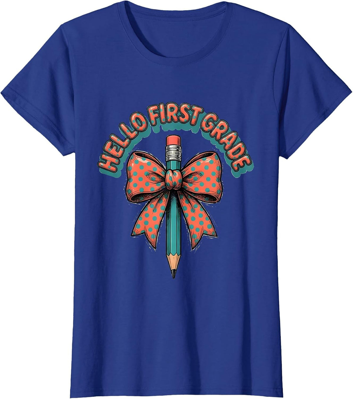 Women's Hello First Grade Cute Back to School Pencil Bow Gift T-Shirt - Royal Blue