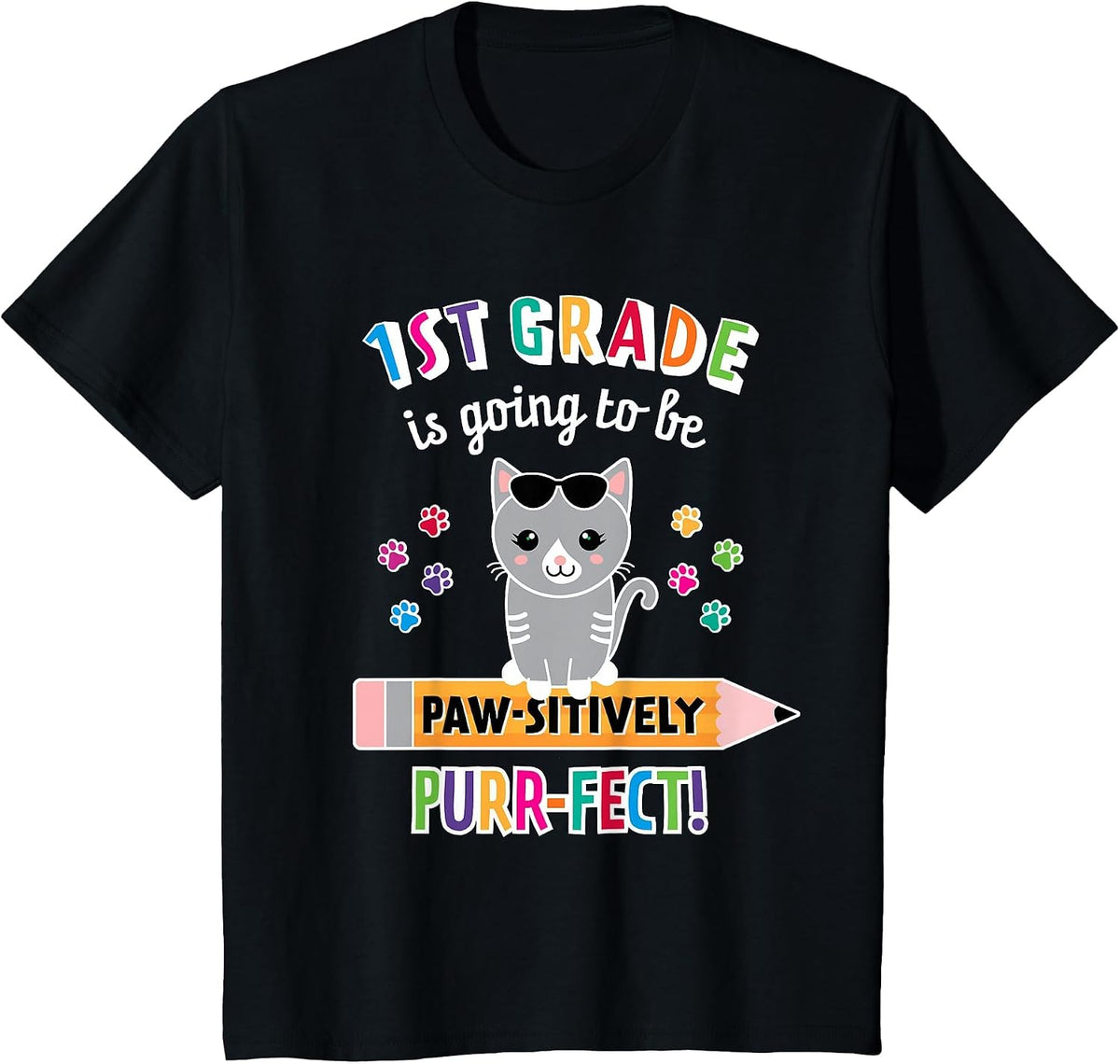 First Day of School First Grade Back to School Cat T-Shirt - Black