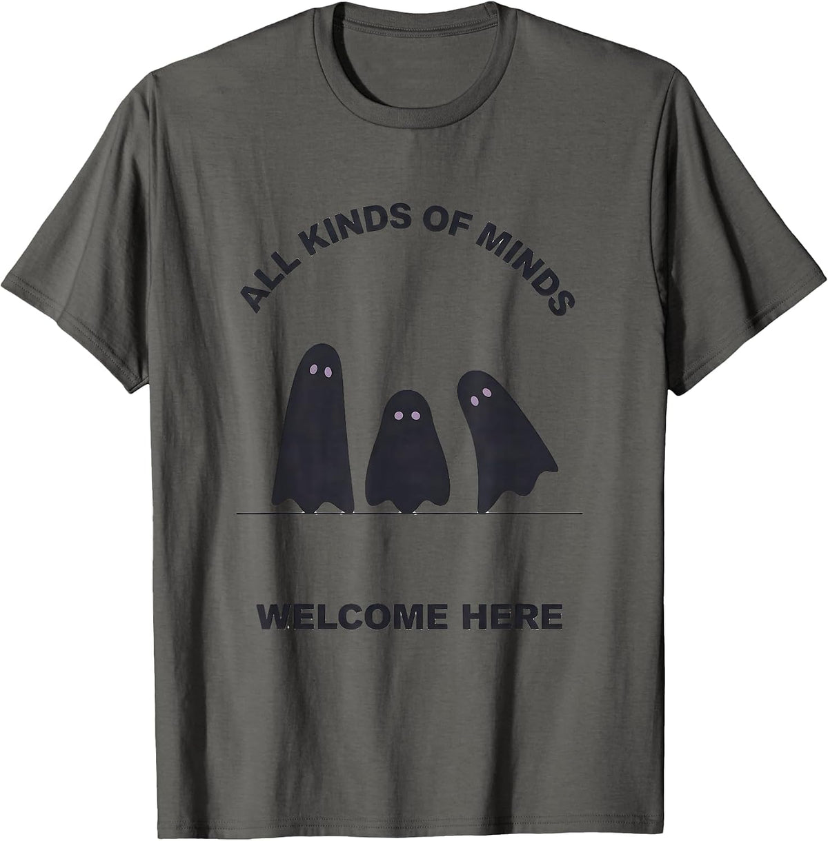 All Kinds Of Minds Welcome Here Minimalist Ghost Halloween T-Shirt - Asphalt Grey