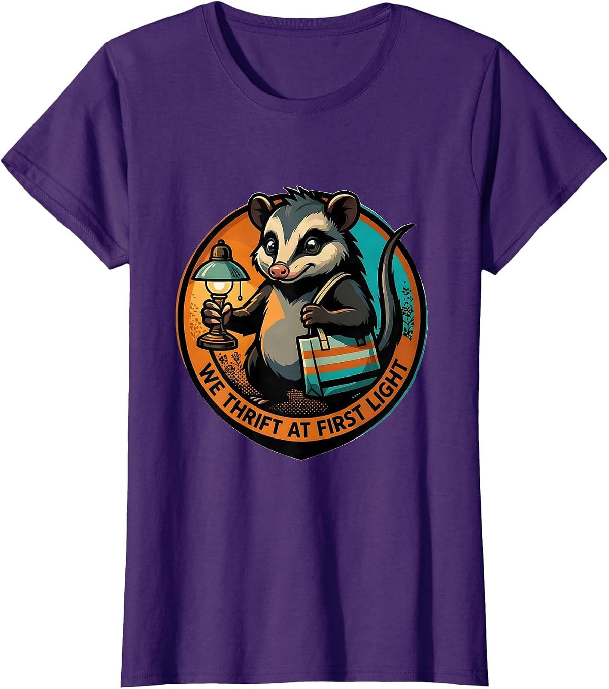 Women's We Thrift At First Light Funny Opossum Thrifting Vintage T-Shirt - Purple