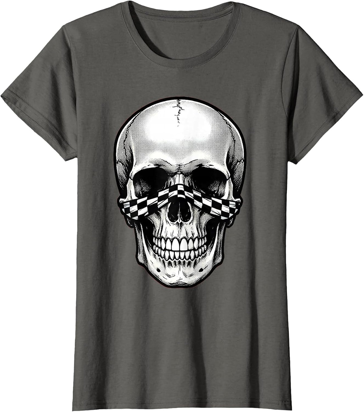 Women's Skull Checkered Bandana Graphic Design T-Shirt - Asphalt Grey