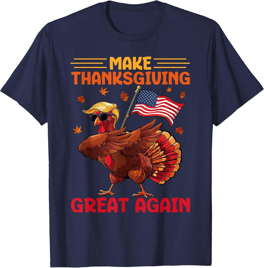 Make Thanksgiving Great Again Dabbing Turkey Trump American T-Shirt - Navy Blue