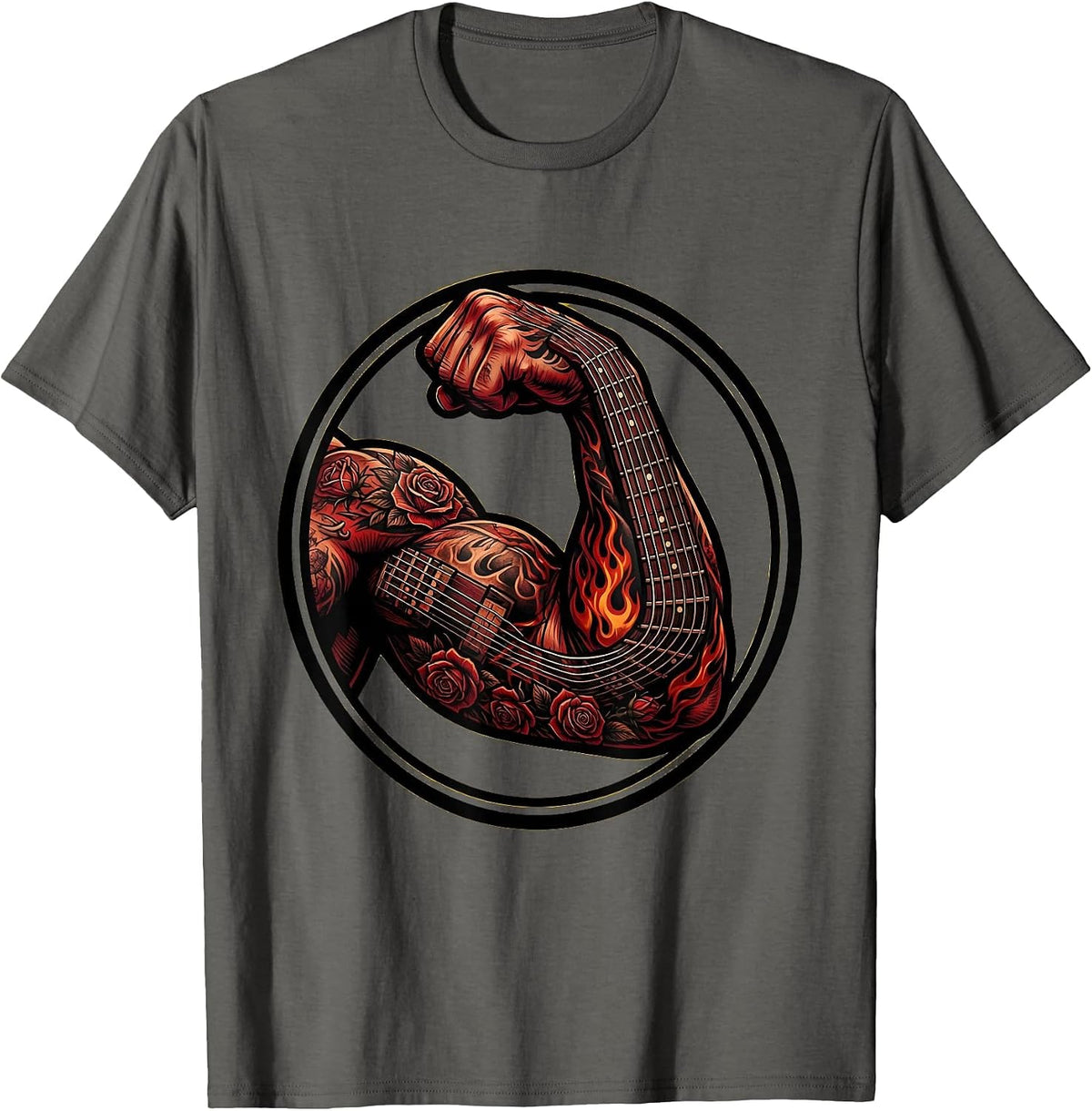 Muscular Arm Guitar Fretboard Tattoo Sleeve Art T-Shirt - Asphalt Grey