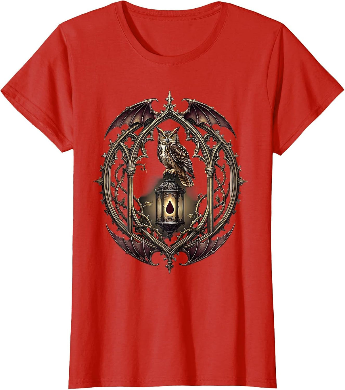 Women's Vintage Halloween Owl with Glowing Eyes on Lantern T-Shirt - Red