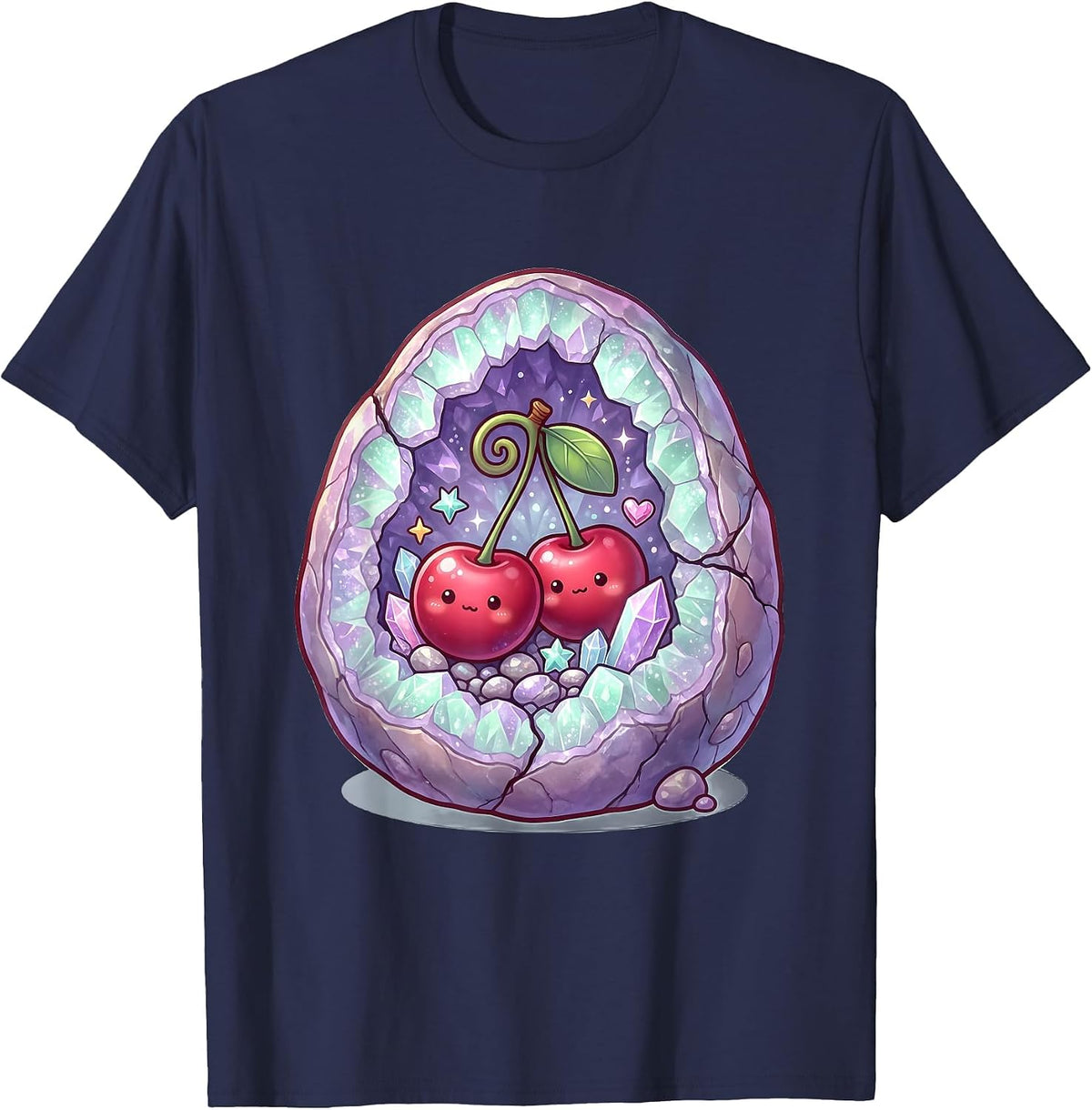 Cherry Geode Crystal Nature Graphic T-Shirt - Navy Blue