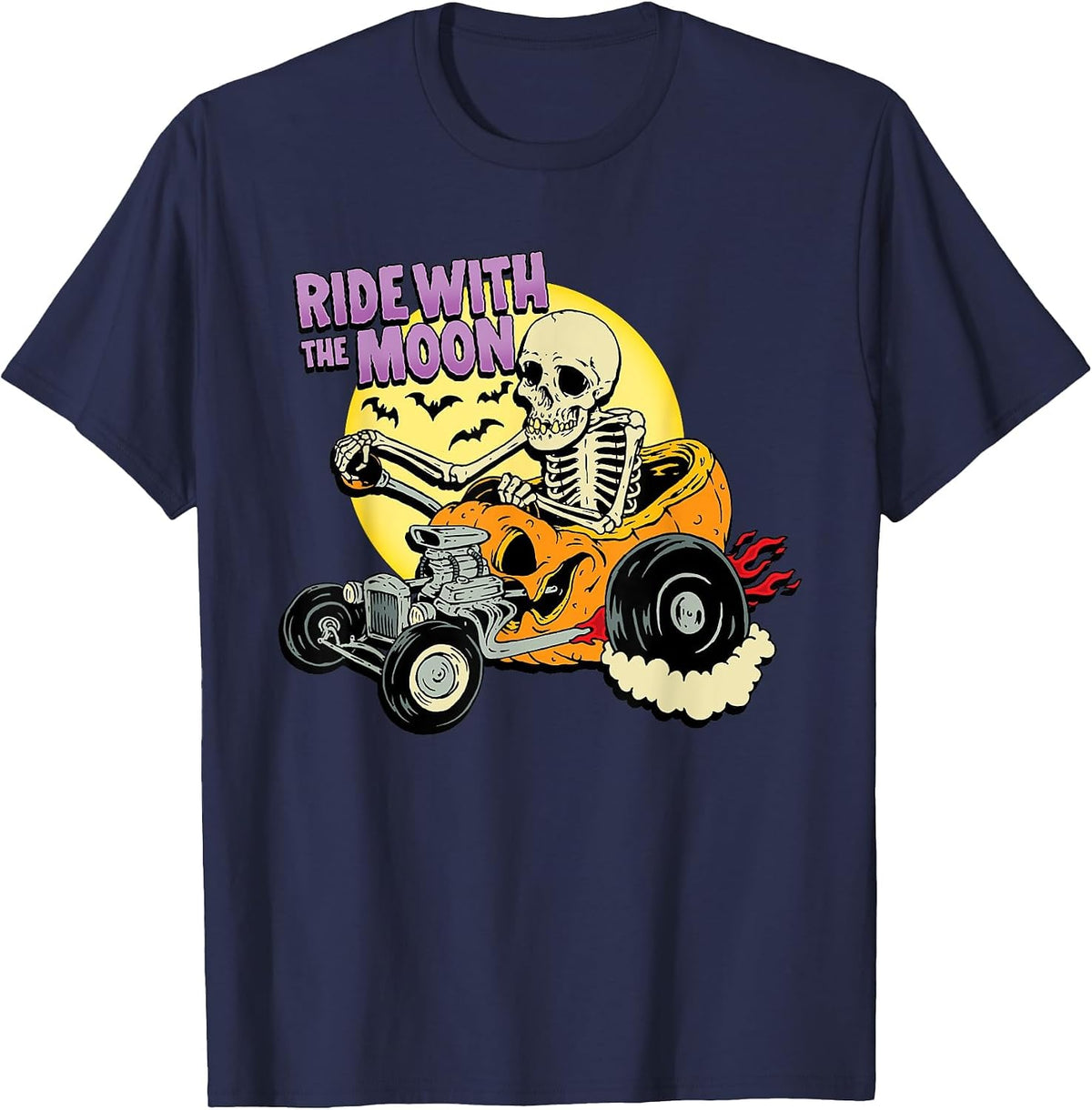 Halloween Pumpkin Hot Rod Skeleton King Rat Rod Dragster T-Shirt - Navy Blue