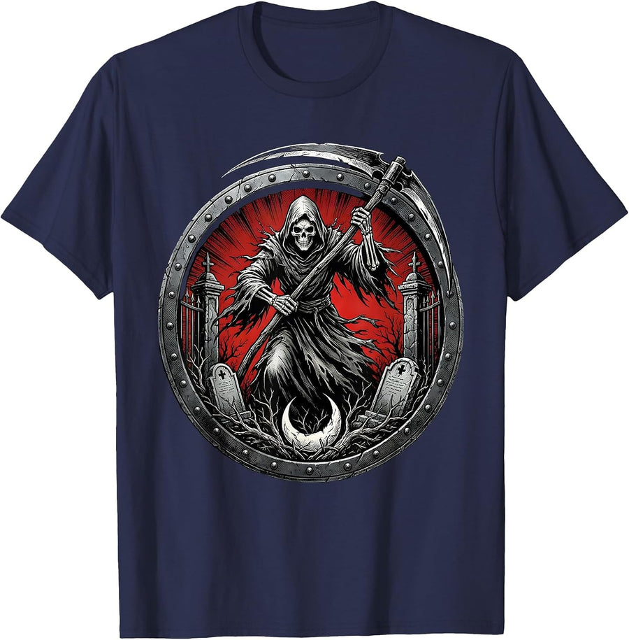 Grim Reaper Graveyard Gate Heavy Metal Design T-Shirt - Navy Blue