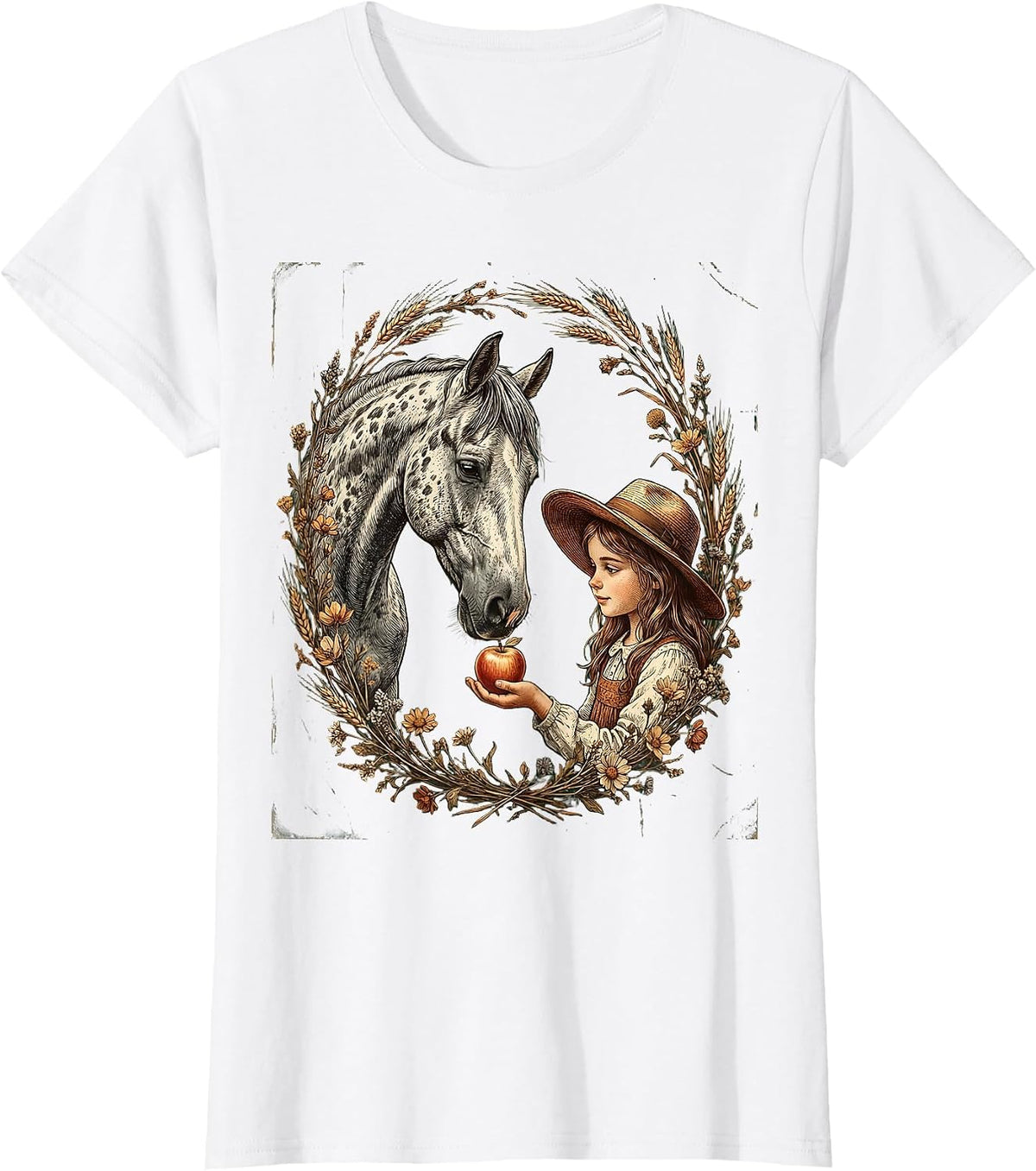 Girl Feeding Apple to Dappled Horse Illustration T-Shirt - White