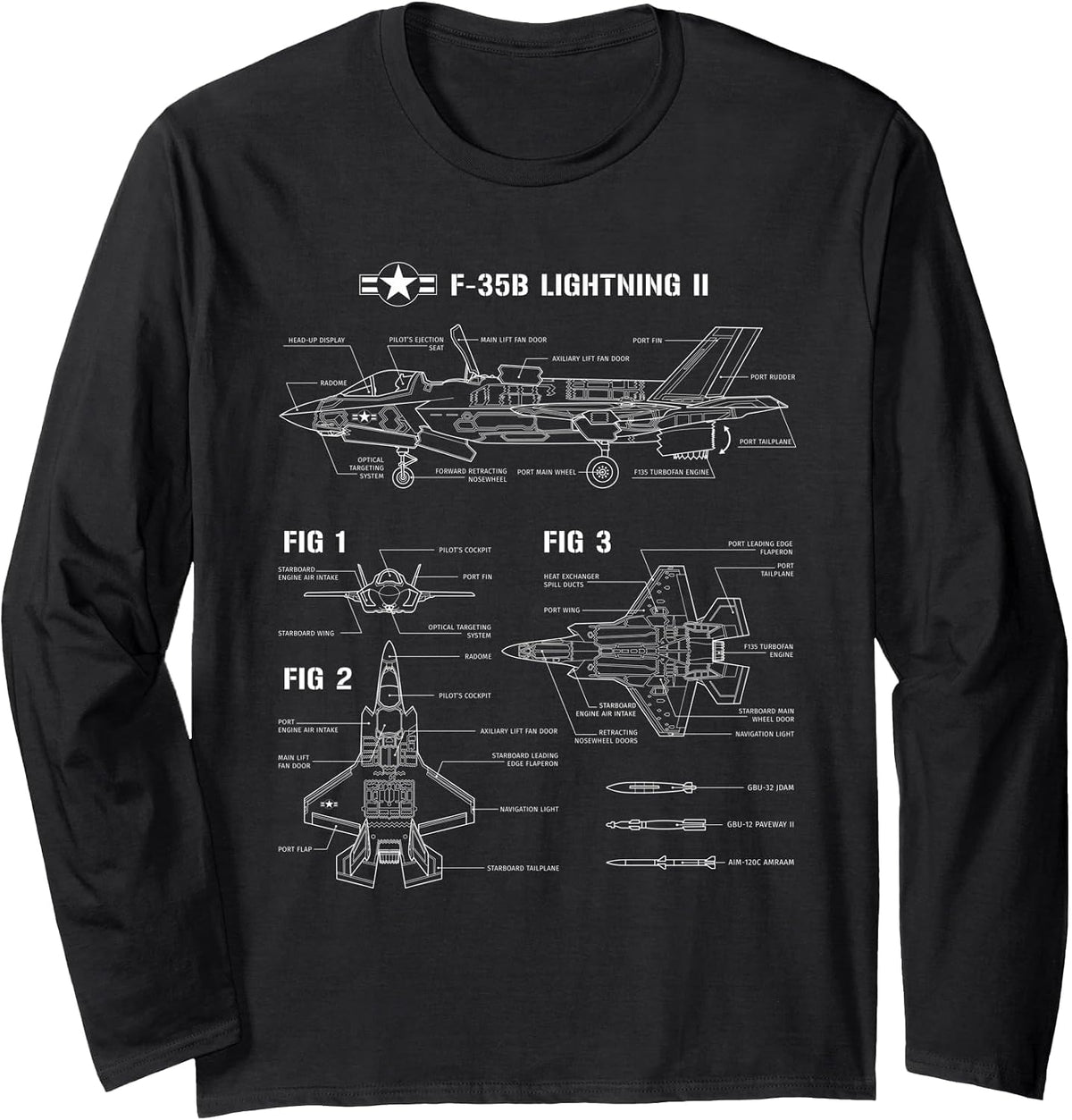 American Aircraft Stealth Fighter F35 Lightning Blueprint Long Sleeve T-Shirt - Adult Unisex Black