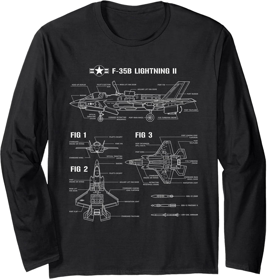 American Aircraft Stealth Fighter F35 Lightning Blueprint Long Sleeve T-Shirt - Adult Unisex Black