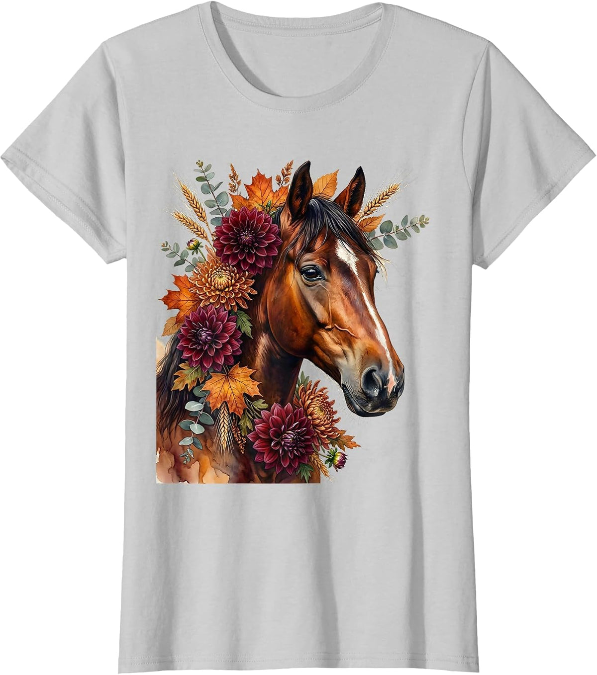 Women's Horse Portrait Fall Floral Derby Botanical Art T-Shirt - Silver Grey