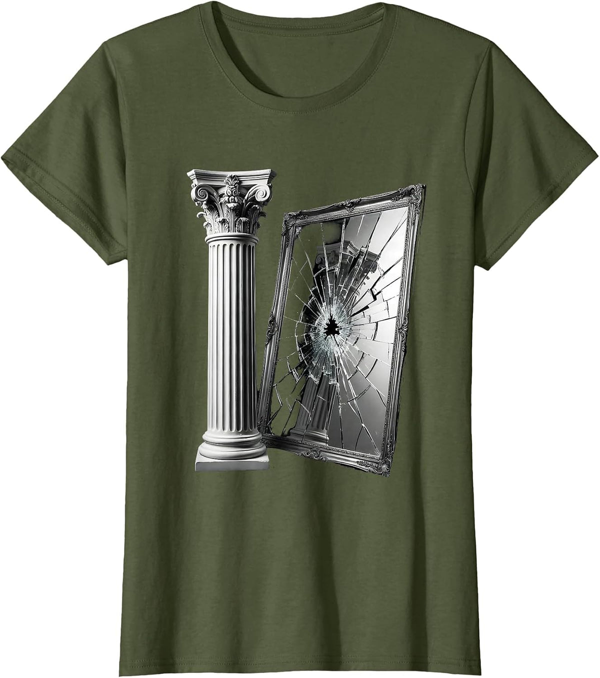 Women's Ancient Greek Column Cracked Mirror Illustration T-Shirt - Olive Green