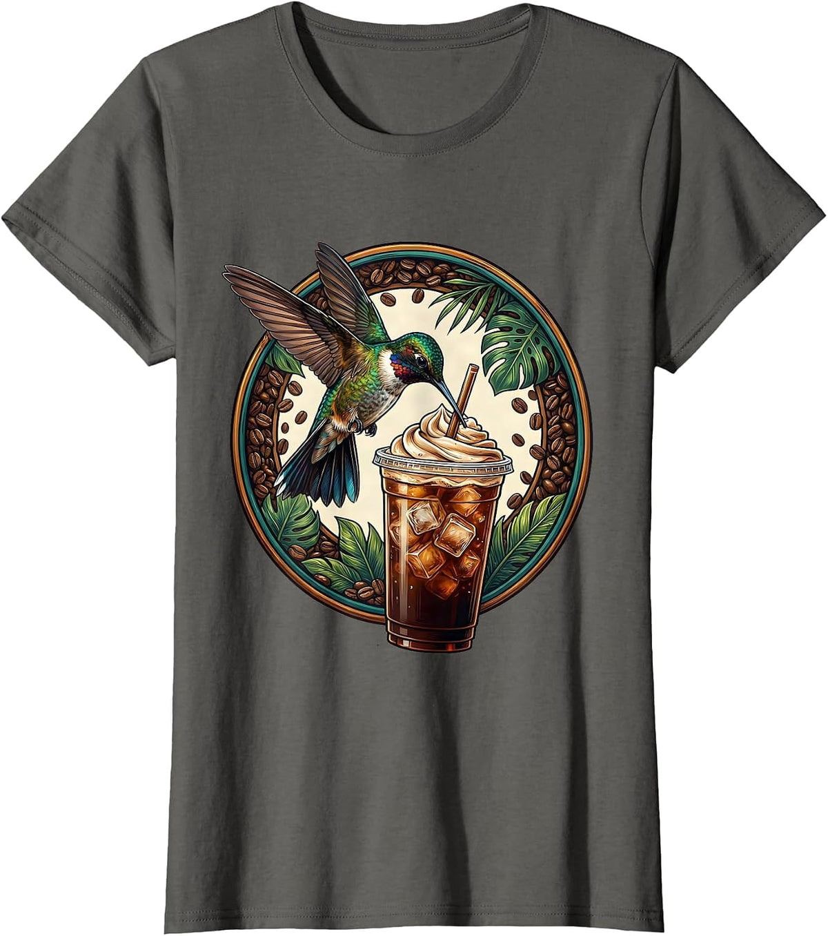 Women's Hummingbird Iced Coffee Lover Graphic Tee T-Shirt - Asphalt Grey