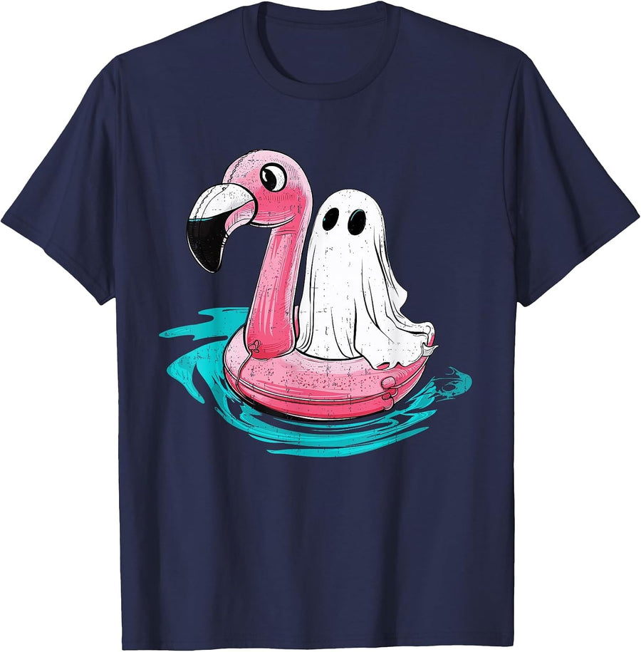Ghost Boo On Flamingo Float Funny Halloween Summer Vibes T-Shirt - Navy Blue