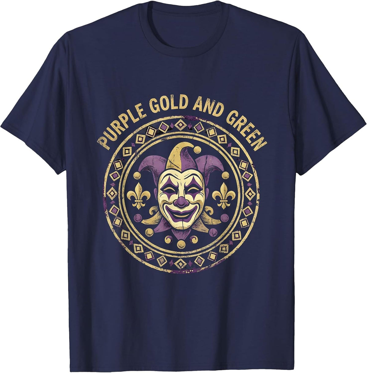 Mardi Gras Men Purple Gold and Green Design T-Shirt - Navy Blue
