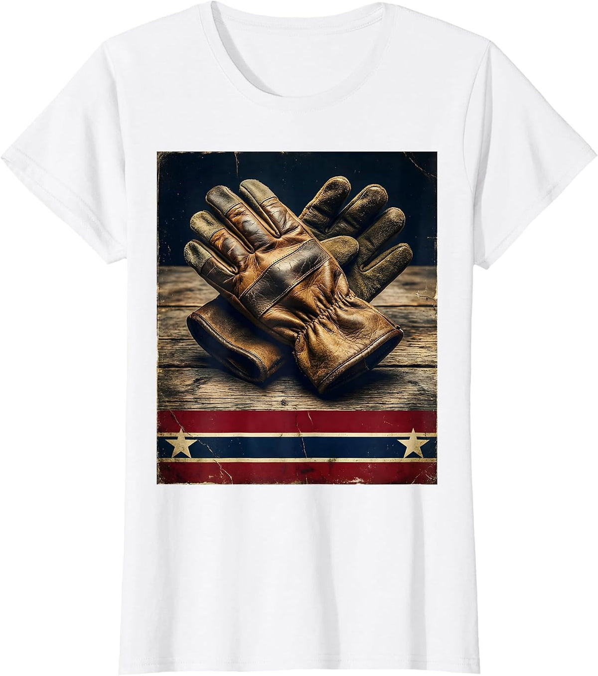 Labor Day Worn Leather Work Gloves on Wood T-Shirt - White