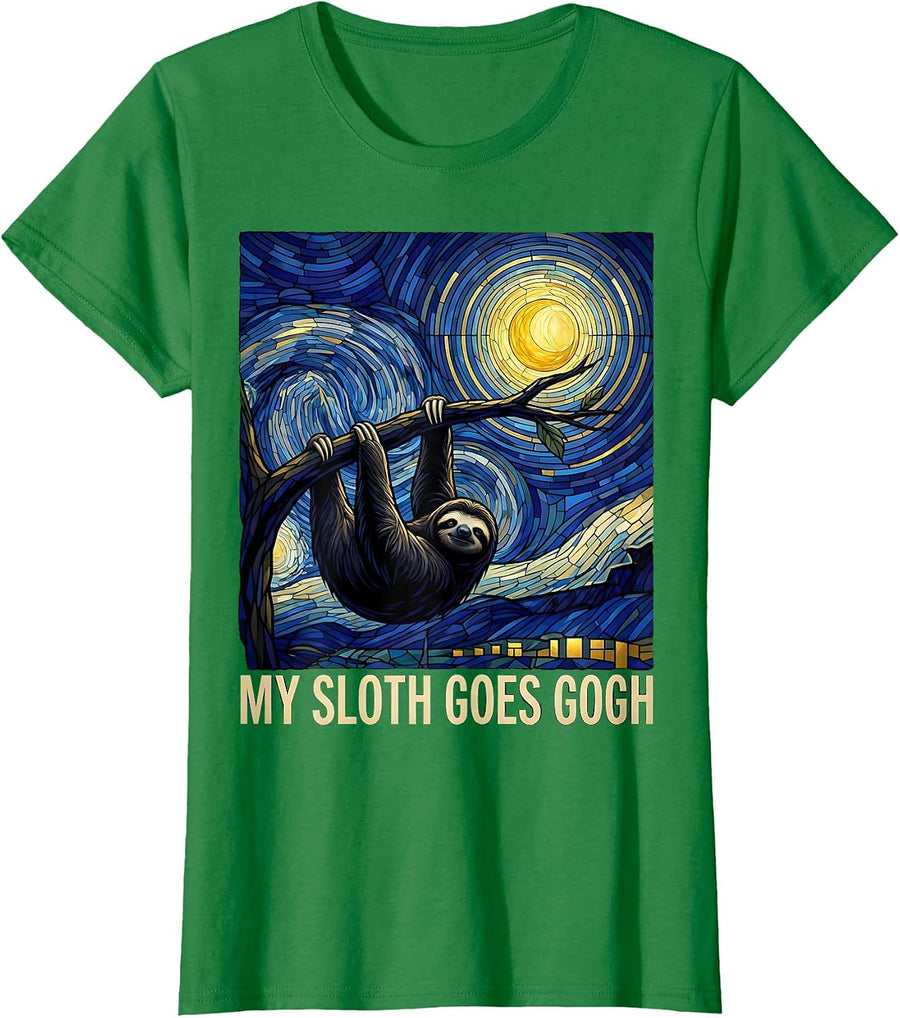 Women's My Sloth Goes Gogh Stained Glass Mosaic Animal Lover Gift T-Shirt - Kelly Green