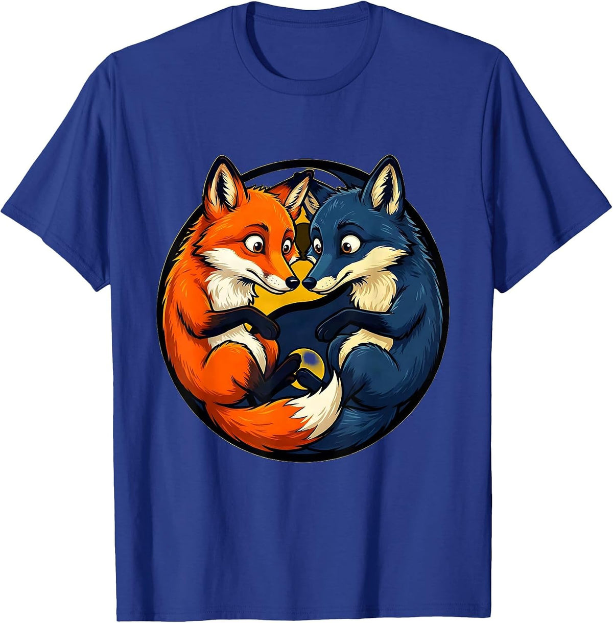 Twin Fox Yin Yang Balance Graphic Design T-Shirt - Royal Blue