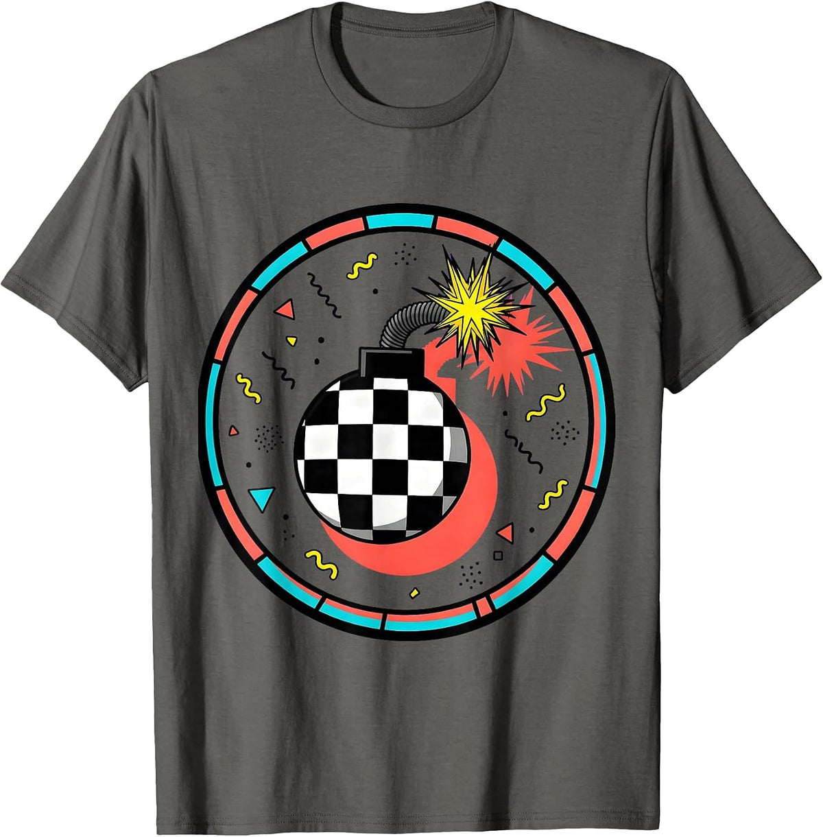 Black and White Checkered Bomb Sparkling Fuse Design T-Shirt - Asphalt Grey