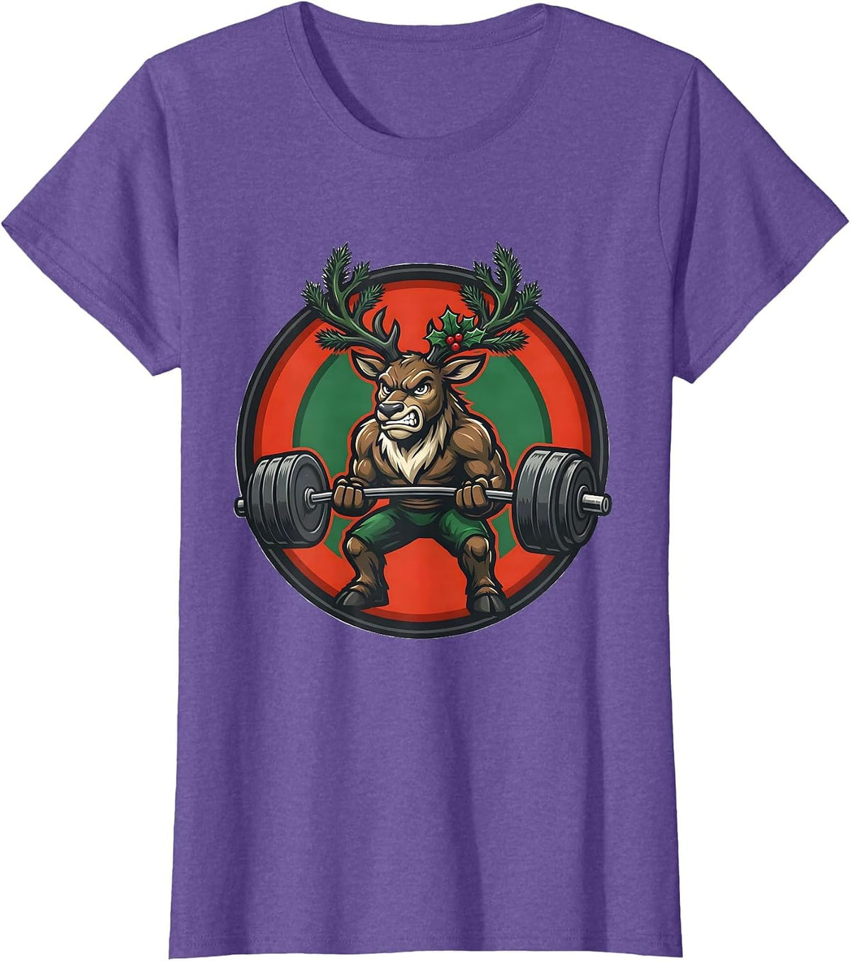 Reindeer Mascot Weightlifting Christmas Gym Humor T-Shirt - Purple Heather
