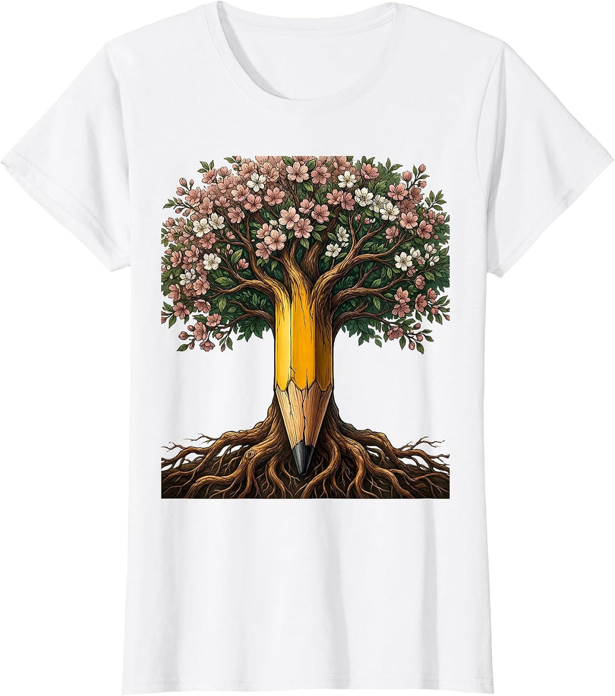 Art Teacher Cracked Pencil Blooming Tree Graphic T-Shirt - White